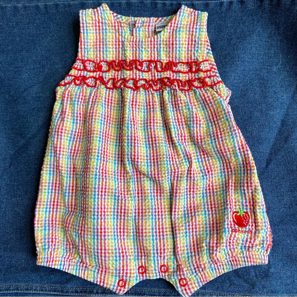 Vintage Oshkosh Bubble Romper 3-6 Months Seersucker Rainbow Strawberry Ruffle